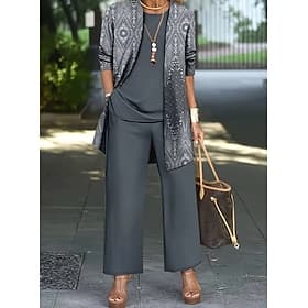 Women's Two Piece Sets Long Sleeve Crew Neck Elegant Vacation Vintage Casual Daily Holiday Dark Grey Khaki Spring Loose Fit