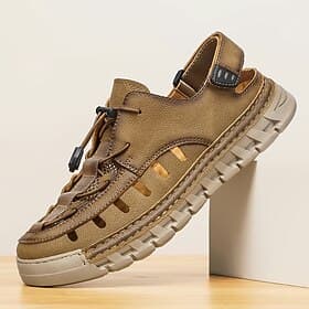 Men's Beige Cutout Casual Sneakers Lace-Up Lightweight Breathable Comfort Walking Shoes Outdoor Resort Footwear for Daily Wear, Travel, Summer Leisure and Week