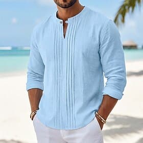 Herren Hemd Leinenhemd Sommerhemd Strandhemd Einfarbig Lässig Urlaub Blau Schwarz Weiß Khaki Langarm Mandarinkragen Sommer Bekleidung Gerafft
