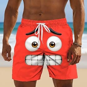 Men's 3D Cartoon Funny Awkward Face Swim Trunks Bathing Suits Swim Shorts Board Shorts Mid Waist Retro Vintage Beach Vacation Wear Side Pockets Mesh Lining Ela