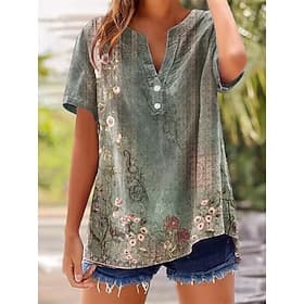 Mujer Camisa Botones Estampado Floral Graphic Plantas Elegante Clásico Casual Manga Corta Escote en Pico Tops largos Casual Diario Noche Azul / morado Verde Tr