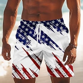 Men's 4th of July U.S. 250th Anniversary American Flag Swim Trunks Bathing Suits Swim Shorts Board Shorts Mid Waist Patriotic Holiday Side Pockets Mesh Lining