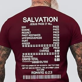 T-Shirt Bibles pour Hommes Salvation Jésus a Tout Payé Reçu Facture Romains 6 23 Verset de la Bible Christian Religieux de Foi T-Shirt Graphique Col Rond Ajust