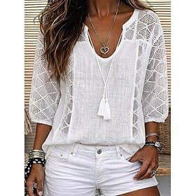 Women's Blouse Lace Tops Lace Hollow Out Plain Stylish Modern 3/4 Length Sleeve U Neck Long Tops Casual Daily Beach Blue White Yellow Summer Spring