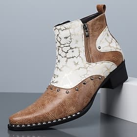 Men's Brown and White Western Ankle Boots with Side Zipper, Block Heel Cowboy Dress Boots for Fashion-Forward Men, Ideal for Rodeos, Music Festivals, Parties a