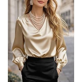 Dames Overhemd satijnen top Blouse Zijden tops Met ruches Effen Elegant Stijlvol Basic Lange mouw V-hals Normale tops Dagelijks Feestdagen Uitgaan Zwart Wit Ro