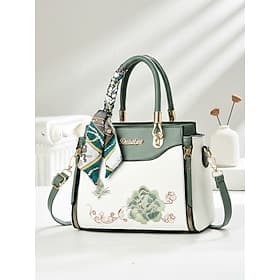 Damenhandtasche mit besticktem Blumenmuster und Schalakzent, Kunstleder, verschiedene Farben, eleganter Freizeitstil, perfekt für Alltag, Büro und gesellschaft