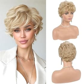 Pelucas rubias estilo pixie para mujer - peluca de cabello sintético resistente al calor, corta y natural, con capas, para uso diario. Rubio claro.