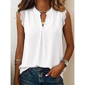 Femmes Chemise en Dentelle Chemisier Hauts en mousseline de soie Patchwork Uni Élégant Vacances Sans manches Col en V Hauts Longs Occasionnel Blanc imprimé Ros