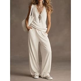 Women's T Shirt Pants Sets Sleeveless V Neck Solid Color Fashion Streetwear Daily Outdoor Vacation Dark Grey Black Beige Summer Loose Fit