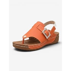 Women's Orange Rhinestone Buckle Wedge Sandals, Adjustable Strap Thong Summer Sandals, Comfortable Open Toe Casual Footwear for Daily Wear, Travel Garden Outi