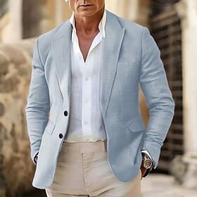 Men's Linen Blazer Blazer Business Cocktail Party Wedding Party Fashion Casual Spring Fall Linen Solid Color Pocket Buttons Comfortable Single Breasted Blazer