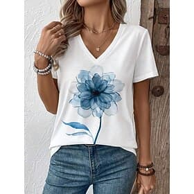 Women's T Shirt Print Floral Graphic Plants Stylish Classic Casual Short Sleeve V Neck Regular Tops Daily Blue Red Purple Green Summer Spring