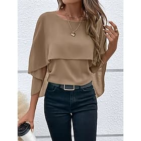 Women's Blouse Ruched Solid Color Stylish Basic Casual 3/4 Length Sleeve Crew Neck Regular Tops Daily Blue Black Pink Red Camel Summer Spring Fall