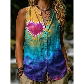 Dames Overhemd Katoenen linnen vest Linnen vest Knop Afdrukken Hart Grafisch Tie Dye Vintage Stijlvol Modern Mouwloos Opstaand Normale tops Casual Dagelijks bl