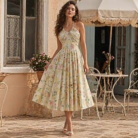 1950er Retro Vintage Rockabilly Midlänge Kleid Swing-Kleid Ausgestelltes Kleid Spaghettiträger Blumen Tailliert und ausgestellt Neckholder Kostüm Damen Karneva