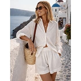 Mulheres Conjuntos de shorts Manga Longa Colarinho de Camisa Côr Sólida Moda Roupa de rua Casual Diário Ao ar livre Preto Branco Amarelo Verão Ajuste Largo