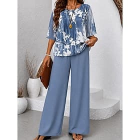 Women's Pants Sets Half Sleeve Butterfly Sleeve Round Neck Floral Graphic Elegant Vacation Casual Daily Beach Blue Orange Spring Summer Regular Fit