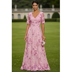 A-Line Dress Floor Length Maxi Dress Party Dress Cocktail Dress Mother of the Bride Dress Short Sleeve V Neck Elegant Vintage Luxurious Formal Wedding Guest Ke