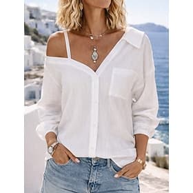 Women's Blouse Buttons Plain Vintage Stylish Modern Long Sleeve Shirt Collar Regular Tops Casual Daily Black White Green Khaki Summer Spring