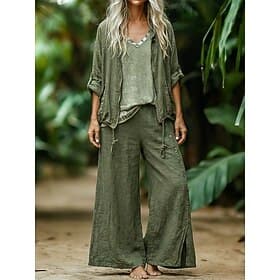 Femmes Ensembles en coton et lin Ensembles deux pièces Ensembles de Pantalons manche longue Col en V Uni Mode Streetwear Occasionnel Quotidien Extérieur Vert P