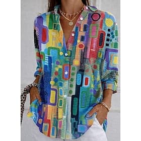 Women's Waffle Shirt Casual Shirt Summer Tops Graphic Geometric Vintage Stylish Long Sleeve Turndown Long Tops Daily Outdoor Streetwear WhiteBlack Rainbow Summ