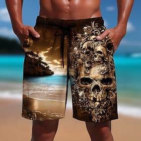 Men's Vintage Seawater Skulls Swim Trunks Bathing Suits Swim Shorts Board Shorts Mid Waist Hawaiian Outdoor Vacation Side Pockets Mesh Lining Elastic Drawstrin