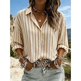 Femmes Chemisier Boutons Imprimé Rayé Élégant Occasionnel manche longue Col de chemise Hauts Réguliers Quotidien Rose Claire Vert Kaki Gris Été Printemps Autom