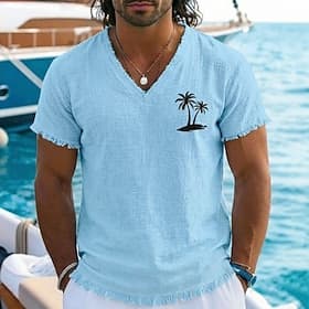 Men's Tropical Palm Tree Island Boho Coastal Vintage Cotton Linen T Shirt Graphic V Neck Frayed Raw Hem Loose Fit Beach Vacation Boat Designer Clothing Apparel