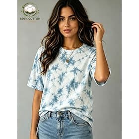 Women's 100% Cotton T Shirt Graphic Tie Dye Vintage Classic Casual Short Sleeve Crew Neck Regular Tops Casual Daily Weekend Blue Summer Spring
