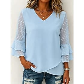 Women's T Shirt Tee Top Elegant 3/4 Length Sleeve Ruffle Sleeve V Neck Regular Tops Casual Beach Wear Blue Black White Pink Green Summer Spring