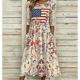 American Independence Day Women's Midi Dress Shift Dress Vacation Party Casual Daily Summer Dress Spring Dress Regular Fit American Flag Half Sleeve Crew Neck