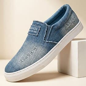 Men's Denim Slip-On Sneakers, Vintage Washed Casual Loafers for Daily Walking, Vacation, Streetwear and Weekend Outfits