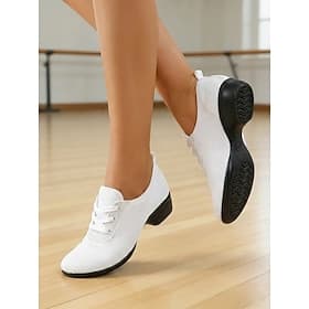 Women's White Breathable Mesh Dance Shoes – Lightweight Flexible Lace-Up Ballroom Jazz Practice Shoes with Low Heel for Latin, Salsa Dance Training