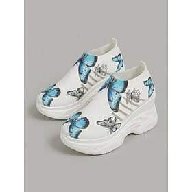 Women's White Wedge Sneakers with Blue Butterfly Print - Breathable Knit Slip-On Platform Shoes for Casual, Travel Summer