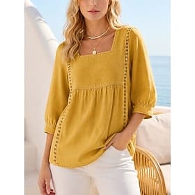 Women's Shirt Summer Tops Vacation Half Sleeve Regular Tops Casual Blue Denim Blue Black White Yellow Summer Spring