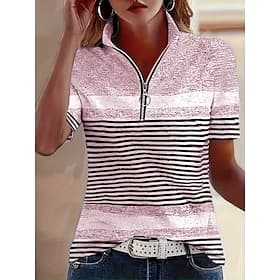 Valentijnsdag Dames T-shirt Vetoketju Kwart ritssluiting Gestreept Grafisch Geometrisch Kleurenblok Vintage Tropisch Hawaii Korte mouw Hoge nek Normale tops S