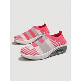 Women's Rose Red Plaid Knit Air Cushion Slip-On Sneakers - Breathable Wedge Platform Shoes for Walking, Travel All-Day Comfort