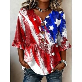 Amerikaanse onafhankelijkheidsdag Dames Blouse Lapwerk Knop Afdrukken Grafisch Amerikaanse vlag Vintage Stijlvol Halve mouw V-hals Normale tops Casual Dagelijk