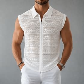 Men's Shirt Casual Shirt Button Up Shirt Jacquard Shirt White Sleeveless Geometric Plain Shirt Collar Casual Daily Front Pocket Clothing Apparel Elegant Fashio
