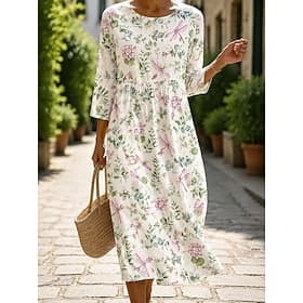 Damen Midikleid Sommerkleid Urlaub Lässig Boho Strand Ferien Normale Passform Blumen Grafik Dreiviertelarm Rundhalsausschnitt Blau Rosa Purpur Sommer Frühling