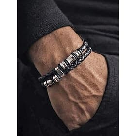 Men's Magnetic Closure Faux Leather Stainless Steel Bracelet – Black, Durable Stylish Wristband for Gift, Beach Vacation, Daily Casual Wear