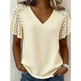 Women's Elegant Eyelet Top Lace Trims Elegant Bohemia Vintage Short Sleeve V Neck Regular Tops Casual Daily Going out Beige Summer Spring