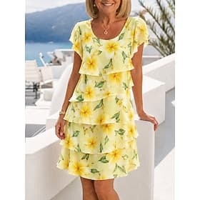 Women's Knee Length Dress Chiffon Dress Floral Dress Elegant Fashion Modern Vacation Party Weekend Regular Fit Floral Short Sleeve Crew Neck Yellow Summer Spri