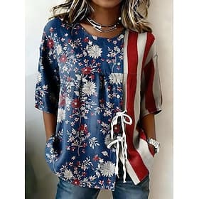 American Independence Day Women's Shirt Boho Shirt Casual Shirt Graphic Flag Elegant Bohemia Vintage Short Sleeve Crew Neck Long Tops Casual Blue White and Blu