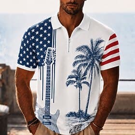 4th of July 2026 250th Men's American US Flag Palm Tree Zip Polo Shirts Short Sleeve Polo Shirts Collared Shirts Casual Party Evening Wear Dailywear 3D Print Q