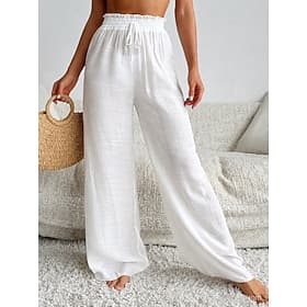 Women's Trousers Casual Pants Summer Pants Beach Pants Vacation Fashion Casual Daily Full Length High Waist Solid Color Drawstring Wide Leg Elastic Waistband C