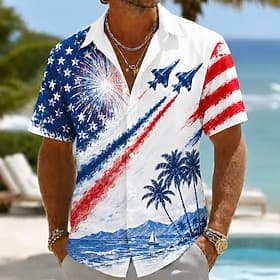 4th of July 2026 250th Men's American Flag Fireworks Coconut Palm Shirt Summer Shirt Button Up Shirt Short Sleeve Patriotic Daily Streetwear Summer Spring Turn
