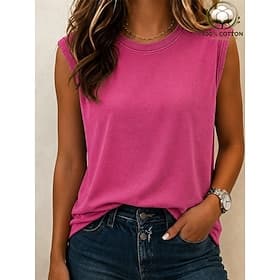 Women's 100% Cotton Acid Wash Vintage Washed Graphic Plain Stylish Classic Sleeveless Crew Neck Round Neck Regular Tops Casual Ash Black Red Brown Dark Gray Su