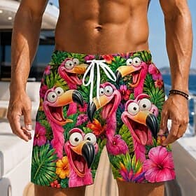Men's Flamingo Coconut Tree Swim Trunks Bathing Suits Swim Shorts Board Shorts Mid Waist Hawaiian Daily Beach Vacation Wear Side Pockets Mesh Lining Elastic Dr